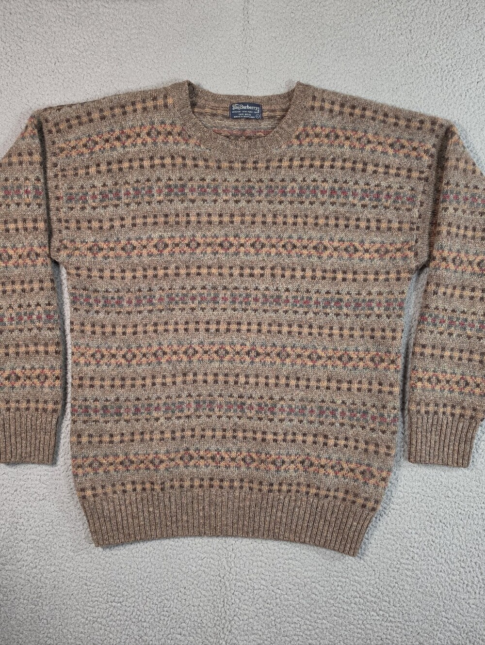 Vintage Burberrys 100% Wool Fair Isle Crew Neck Sweater Mens Large Brown 80s 90s